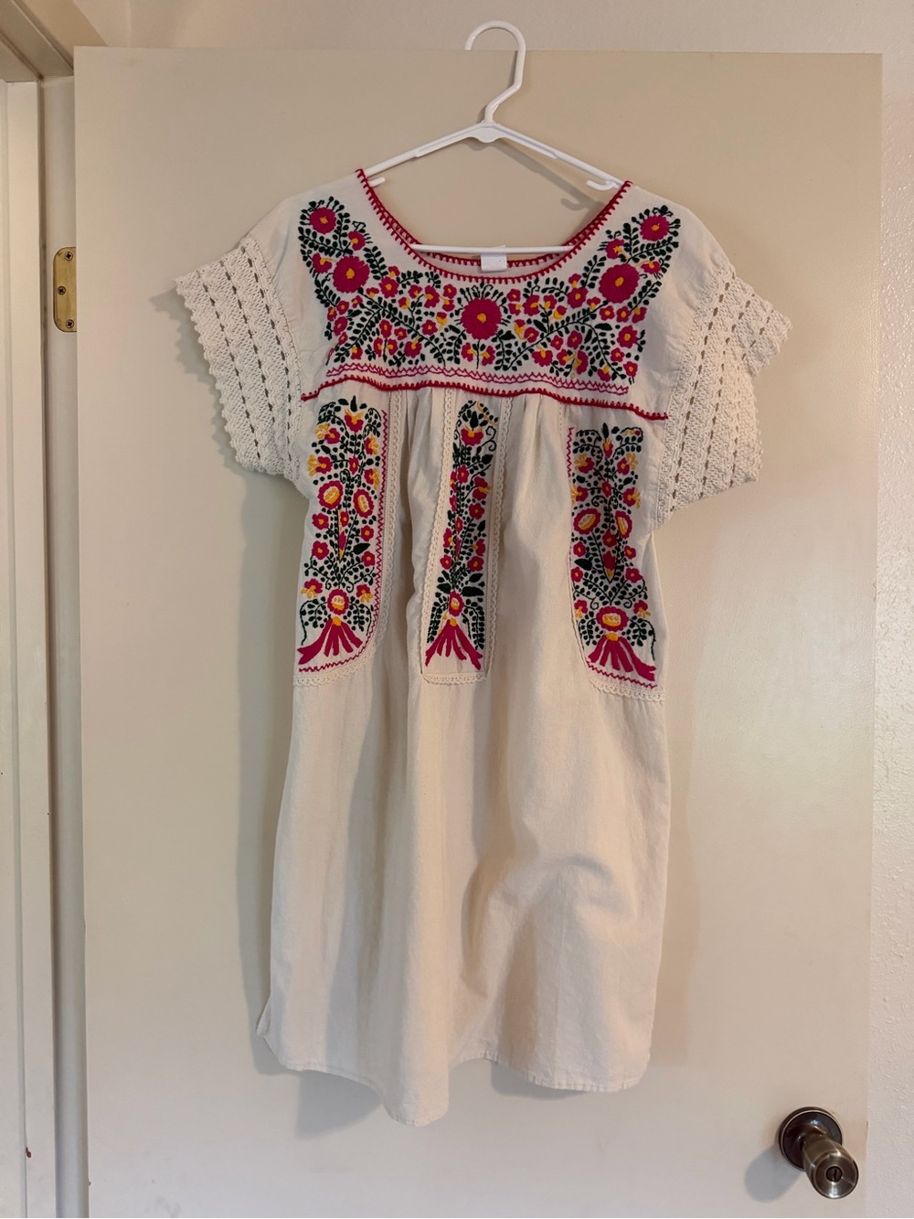 Girls Cream Embroidered Floral Dress with Pink Accents